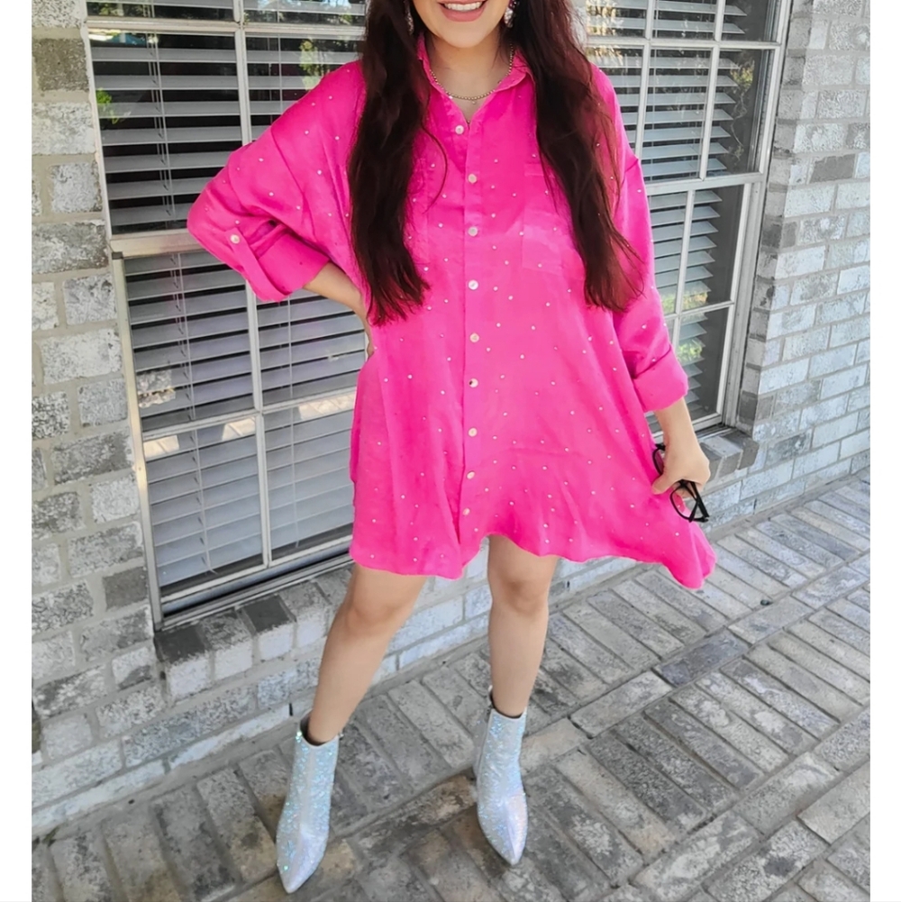 Rhinestone Pink Satin Shirt Dress - Picture 2 of 4